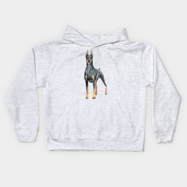 Black Doberman Watercolor Painting Kids Hoodie by doglovershirts